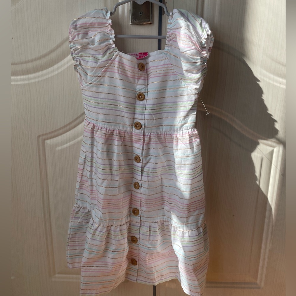 Striped White Kids Dress with Button Detail